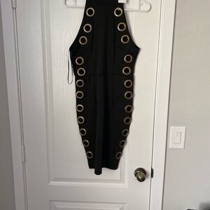 Black Mini Dress with Gold Eyelet Trim
